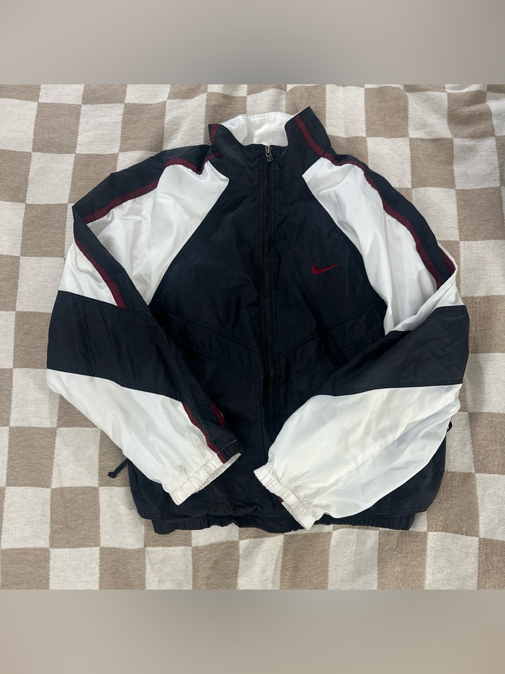 Vintage 90s Nike Men's Black & White Windbreaker with Maroon Trim